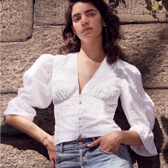 La Vie Rebecca Taylor Tops - Rebecca Taylor La Vie Sz XL Leaf Embroidered Blouse in Milk White